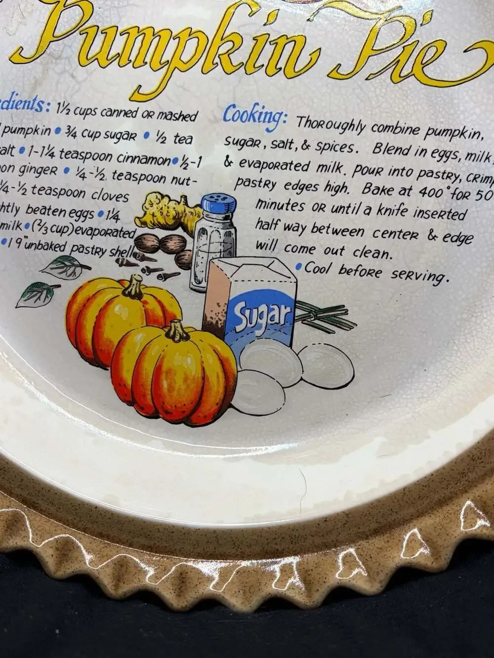 Vintage Pumpkin Pie Recipe Ceramic Baking Pie Plate Pan